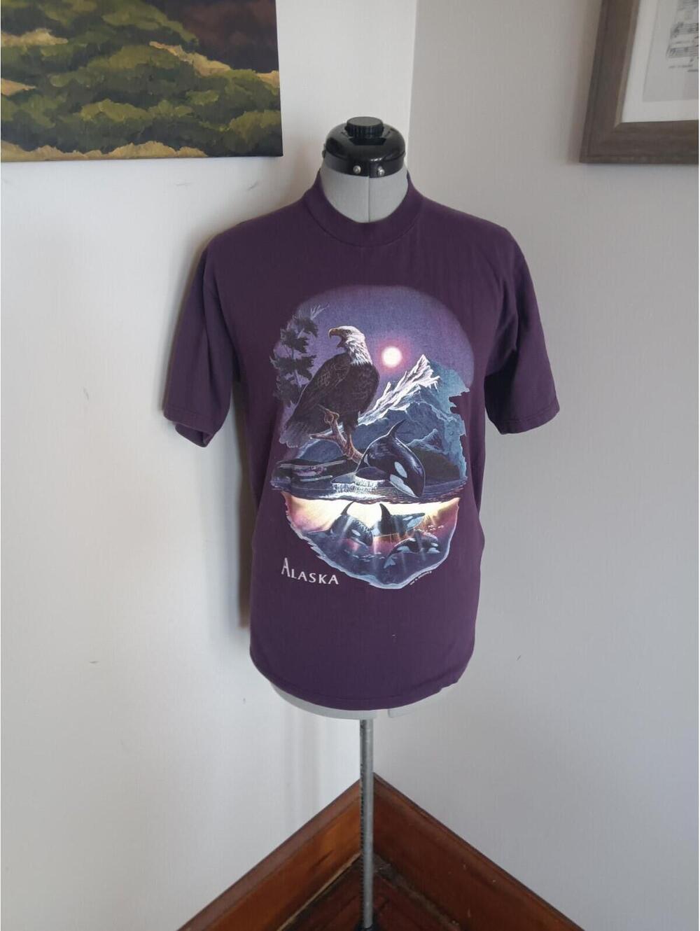 Vintage Graphic Tee, Purple Alaska Orca Killer Whale Eagle Shirt Size S/M